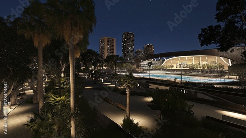 Night View of Stadium with Festive Atmosphere