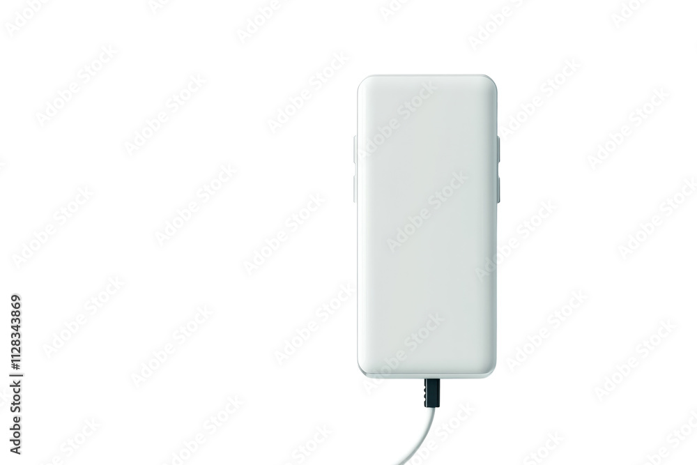 Portable charging device connected to power source on plain background for electronic gadgets Portable charging device connected to power source on plain background for electronic gadgets