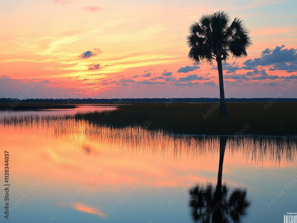 Fototapeta premium serene sunset over calm waters with palm tree silhouette
