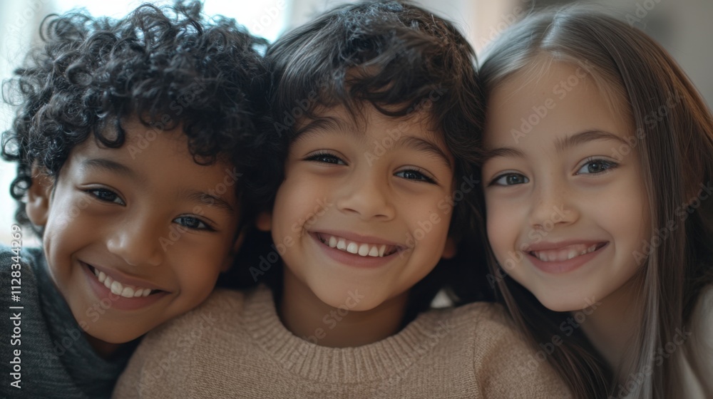 Closeup of three children, a South Asian boy with a joyful expression and short hair, a white girl with a cheerful grin and medium-length hair Closeup of three children, a South Asian boy with a joyful expression and short hair, a white girl with a cheerful grin and medium-length hair