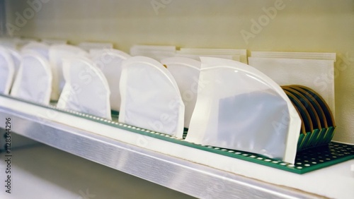 A row of cleanroom pouches and packaging materials specifically designed for transporting fragile semiconductor products neatly arranged on a sterile shelf. photo