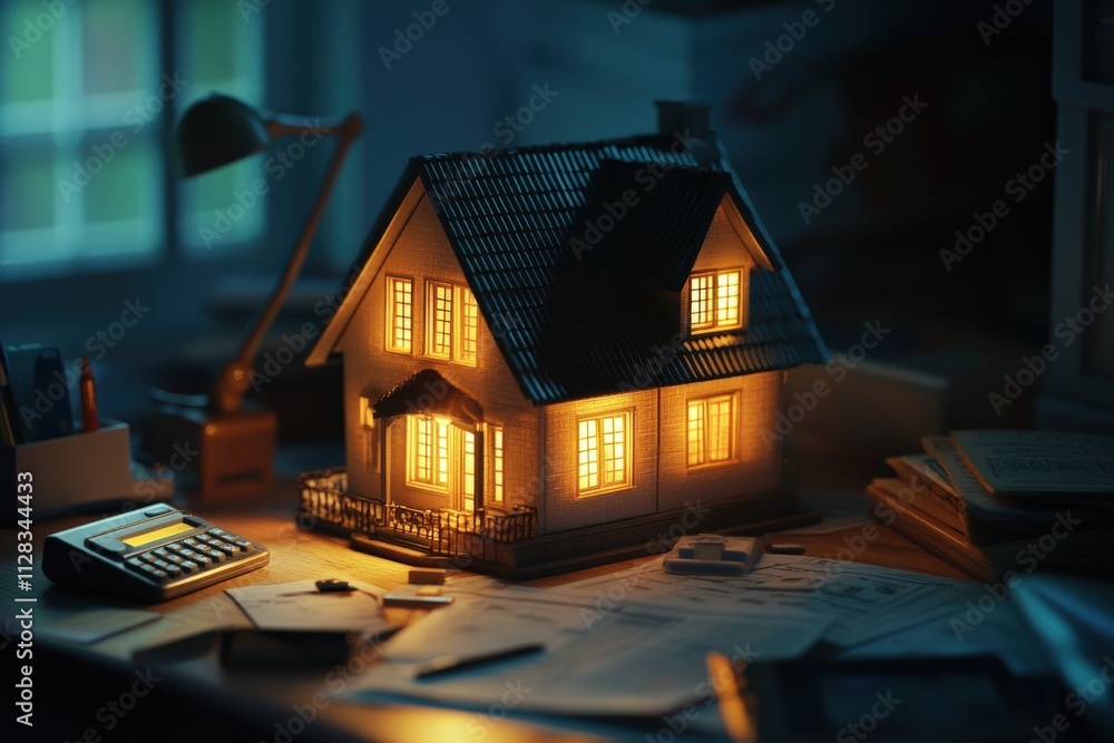 cozy illuminated house model on a desk cozy illuminated house model on a desk