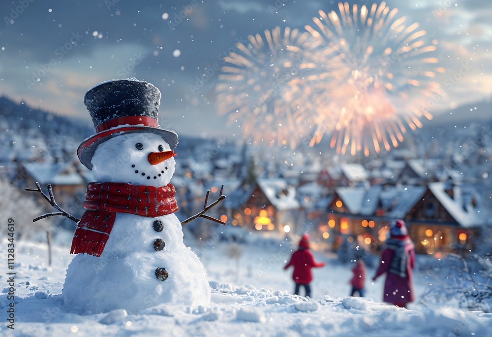 Obraz premium Schneemann in einer Schneelandschaft mit spielenden Kindern und Feuerwerk vor einer pitoresken Kleinstadt