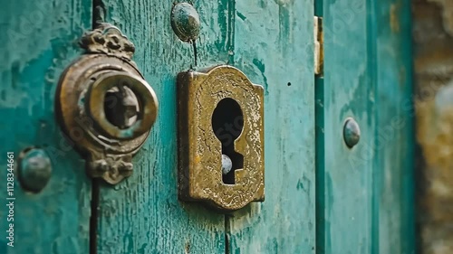 Vintage lock and keyhole on a weathered turquoise door provide charm and history to the entryway in an old town