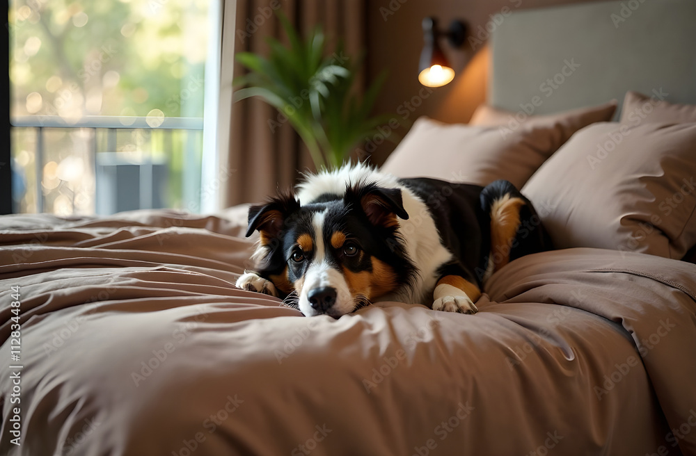 Obraz premium Generated image a large double bed is covered with Mocha Mousse-colored bed linen. A cat sleeps on the bed. Light brown modern bedroom interior. Design solutions with color of the year 2025 Pantone Mo
