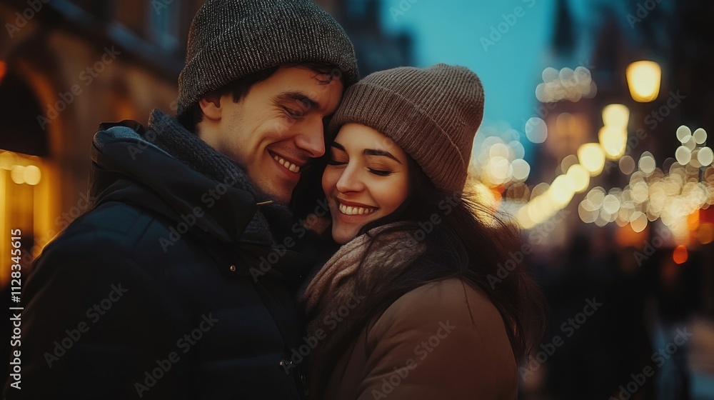 A loving couple embraces on a winter evening A loving couple embraces on a winter evening