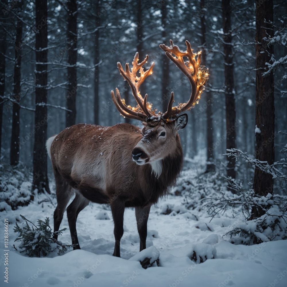 A reindeer in a snowy forest decorated with soft twinkling lights. A reindeer in a snowy forest decorated with soft twinkling lights.