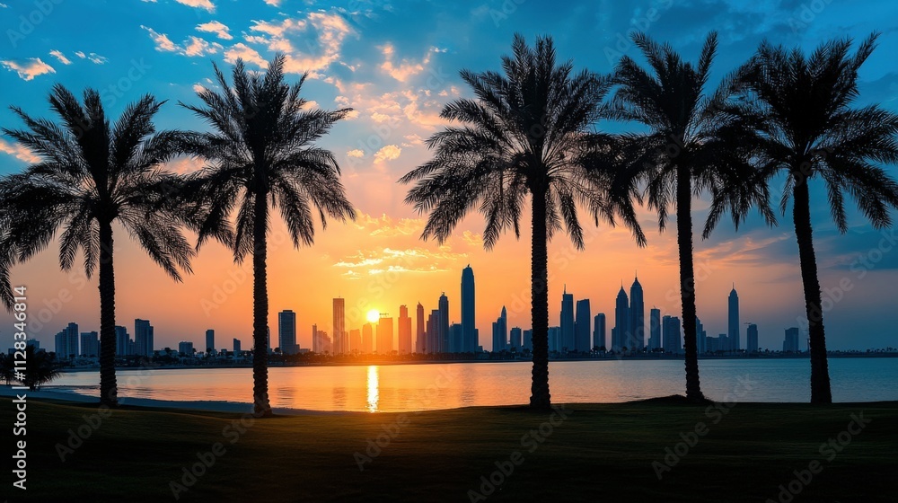Obraz premium silhouette of palm trees against a vibrant sunset skyline
