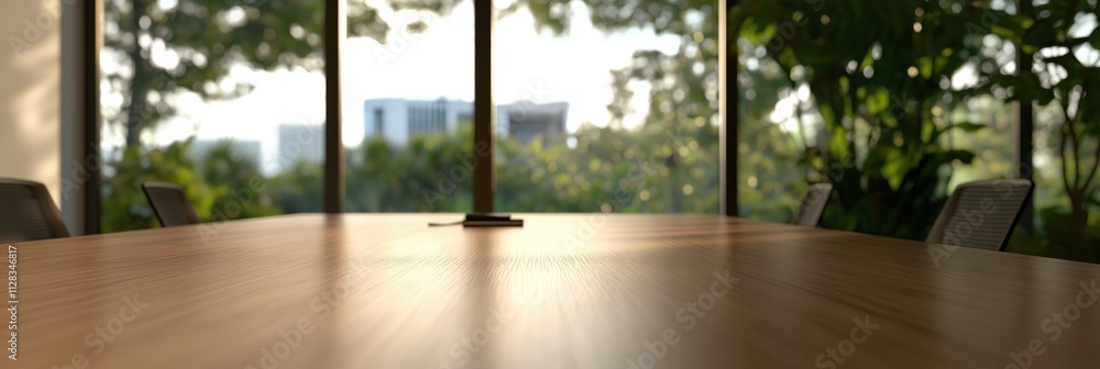 Fototapeta premium A stylish office meeting room bathed in natural light, showcasing a sleek table and lush greenery visible through large glass windows, promoting a productive atmosphere.