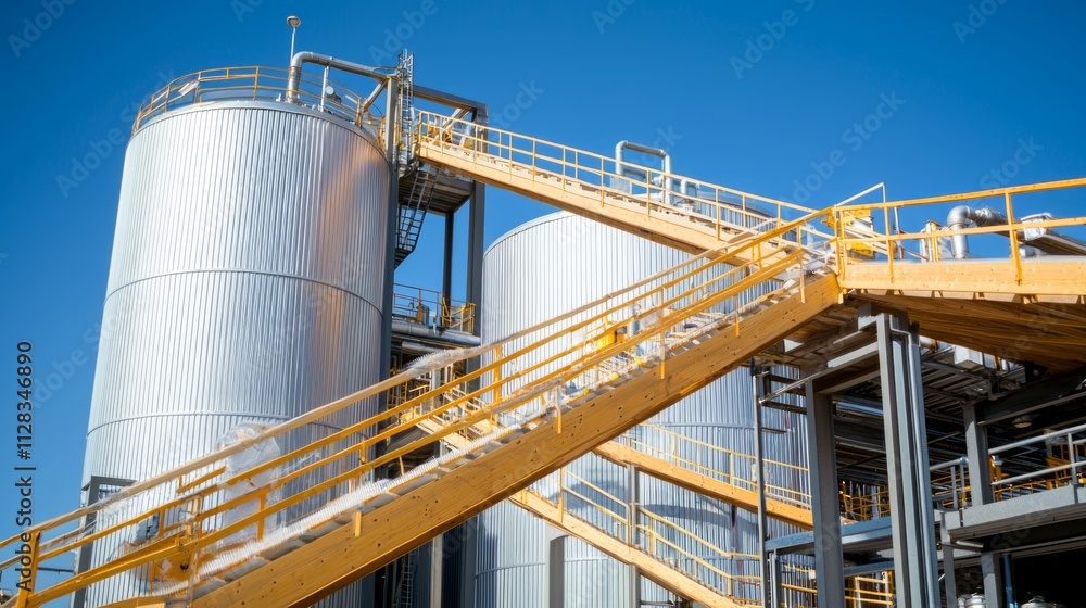 Industrial Pipes and Tanks: A network of large pipes connecting multiple fermentation tanks at a biogas facility.
Industrial Pipes and Tanks: A network of large pipes connecting multiple fermentation tanks at a biogas facility.