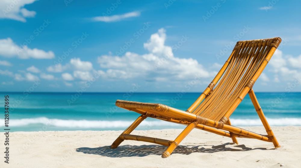 bamboo eco-friendly furniture concept. bamboo lounge chair on sandy beach with ocean view bamboo eco-friendly furniture concept. bamboo lounge chair on sandy beach with ocean view