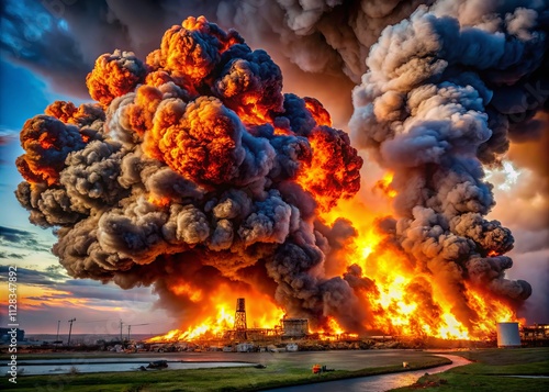 Industrial Inferno: Massive Fire Explosion Smoke Plume Disaster - Pollution Emergency photo