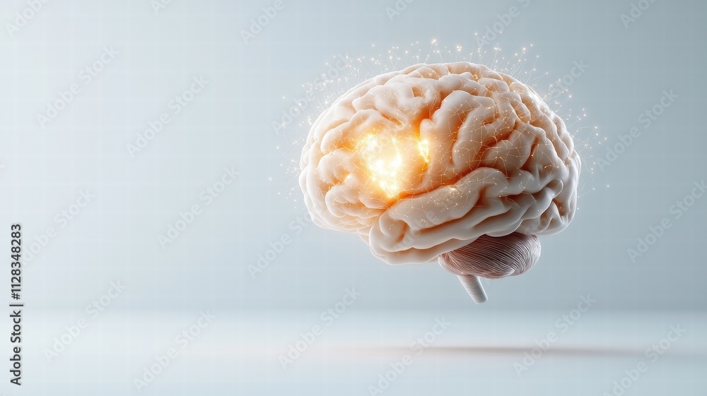 A stylized brain emits a soft glow, symbolizing intelligence and creativity against a minimalistic background.
