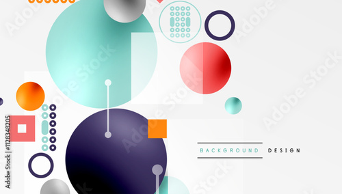 Minimalistic abstract vector design, layered geometric shapes circles, squares, and triangles with soft pastel gradients and semi-transparent effects. Perfect for contemporary use