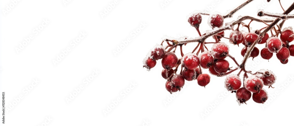 Fototapeta Frost Covered Red Berries on Branch Against White Background