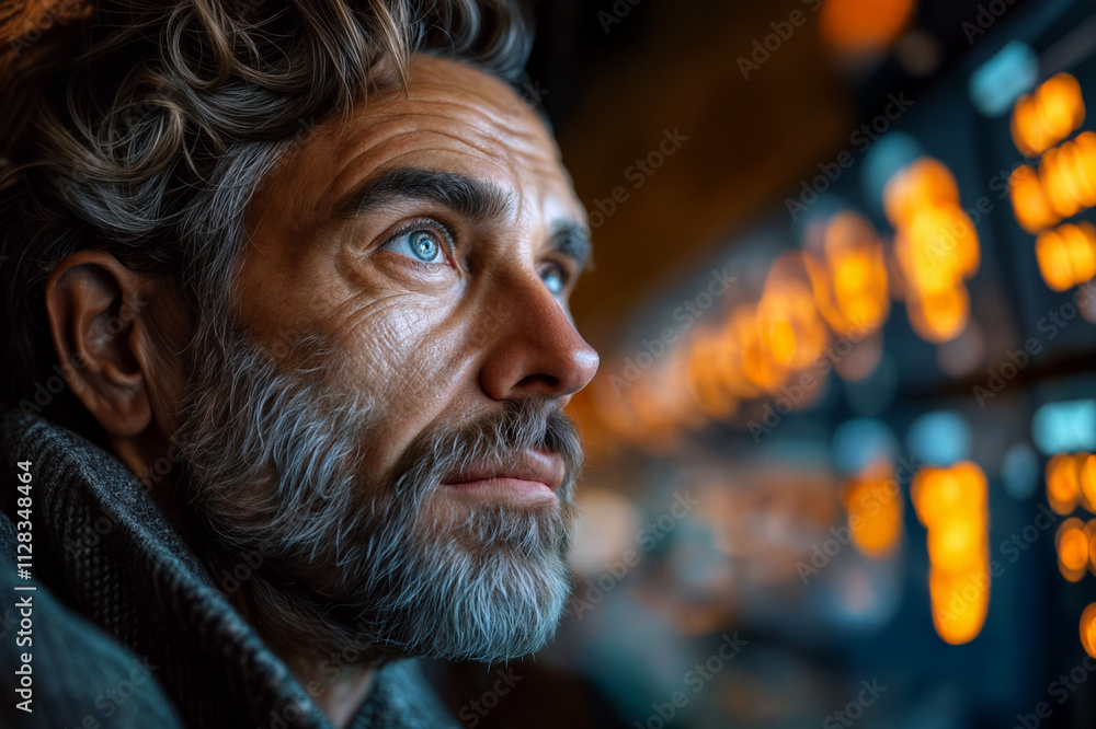Mature Caucasian Man with Blue Eyes and Gray Beard Looking Up Thoughtfully Against Blurred Orange and Turquoise Bokeh Background, Side Profile Portrait Mature Caucasian Man with Blue Eyes and Gray Beard Looking Up Thoughtfully Against Blurred Orange and Turquoise Bokeh Background, Side Profile Portrait
