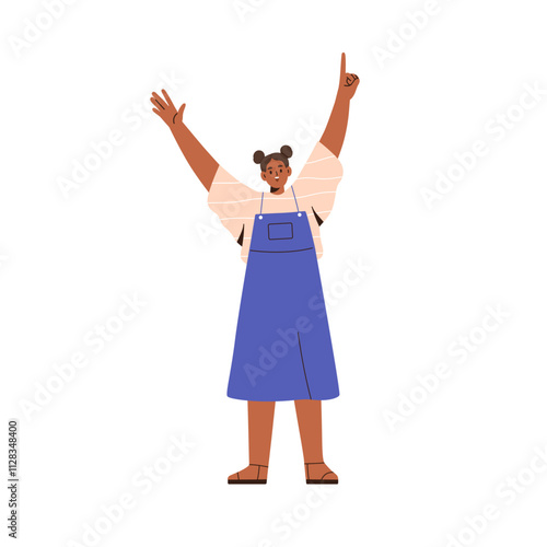 Black girl with arms raised up and pointing finger. Happy child, smiling excited kid with positive emotion and advertising hand gesture. Flat vector illustration isolated on white background