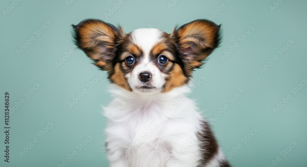 Adorable papillon puppy with fluffy ears against pastel background Adorable papillon puppy with fluffy ears against pastel background