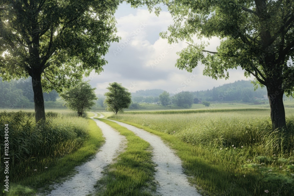 Scenic country path winding through lush green fields under a cloudy sky Scenic country path winding through lush green fields under a cloudy sky