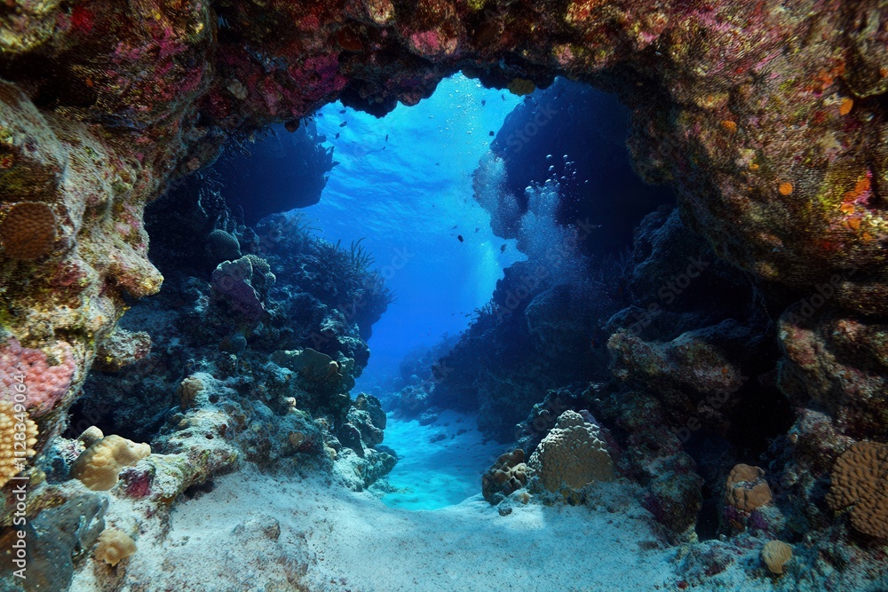 Obraz premium Underwater view through a coral archway.