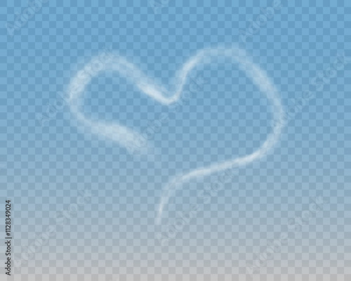 A set of different smoky fluffy heart shaped clouds on a transparent blue sky background. Romantic smoke trail, white translucent heart shaped clouds. Vector illustration for your graphic design.
