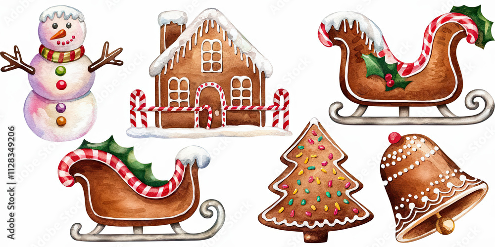 Fototapeta premium Watercolor Christmas Gingerbread Snowman House Sleigh Tree Bell