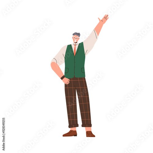 Senior man greeting with waving hand, hi gesture. Happy elderly male character standing in welcoming pose with arm raised up, friendly expression. Flat vector illustration isolated on white background