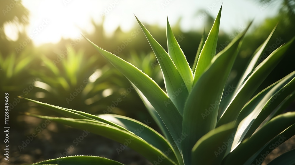 Fototapeta premium Close-up view of vibrant green agave plants illuminated by sunlight in a lush garden setting
