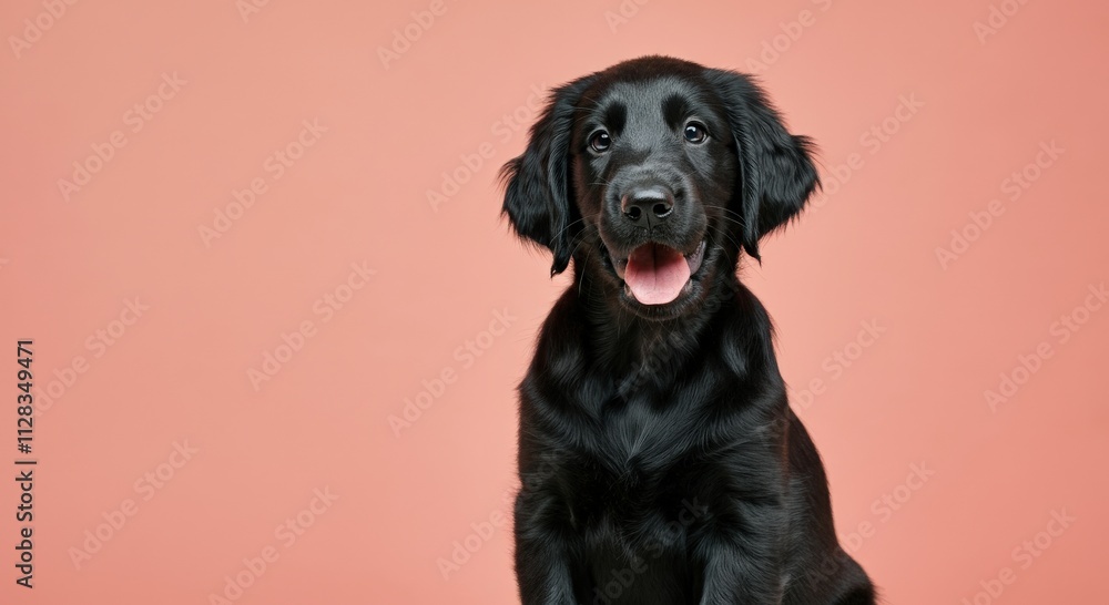 Happy black puppy on coral background for pet care and animal love concepts Happy black puppy on coral background for pet care and animal love concepts