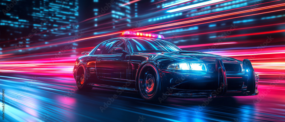 Dynamic police car glides through a neon-lit futuristic cityscape with stunning motion effects and a sleek design Dynamic police car glides through a neon-lit futuristic cityscape with stunning motion effects and a sleek design