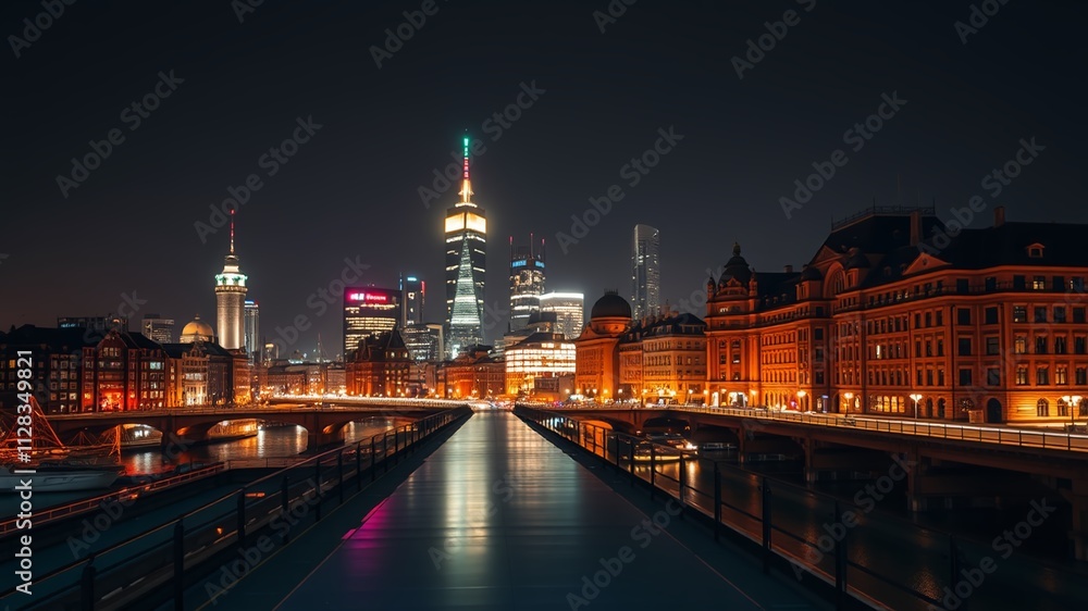 Obraz premium Frankfurt Skyline Night - Dramatic Cityscape, Stunning Colors, High-Quality AI Art