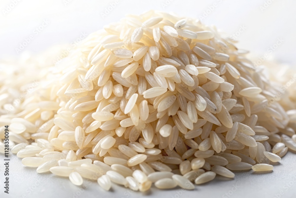 Long Grain White Rice Photography: Natural Uncooked Rice Grains on White Background Long Grain White Rice Photography: Natural Uncooked Rice Grains on White Background