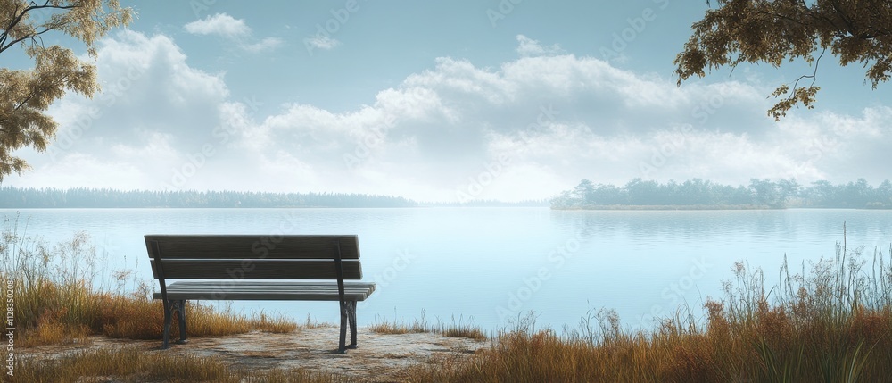 Obraz premium Tranquil Lake View with Empty Bench Surrounded by Nature