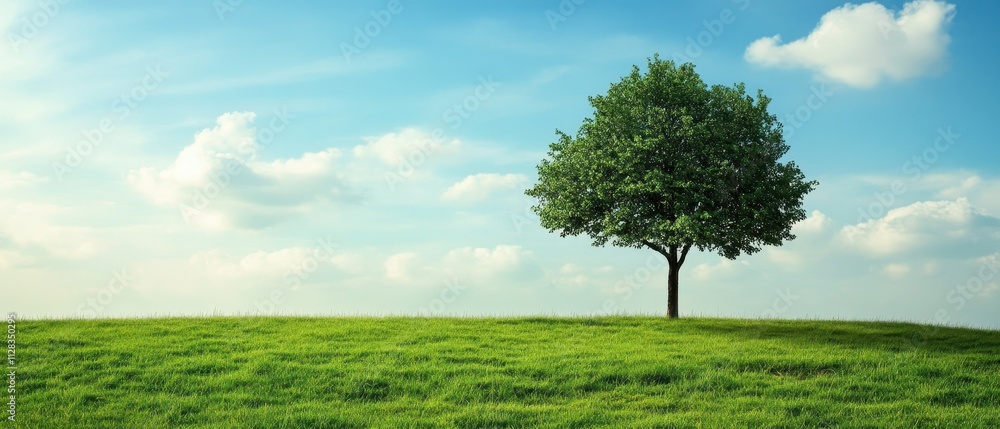 Lush Green Tree Under Blue Sky with Puffy Clouds on Bright Day Lush Green Tree Under Blue Sky with Puffy Clouds on Bright Day