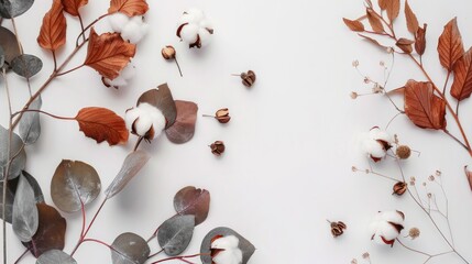 Frame made of eucalyptus branches on white background fall concept Flat lay border