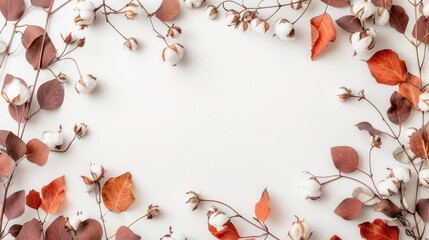 Frame made of eucalyptus branches on white background fall concept Flat lay layout