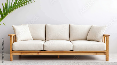 bamboo eco-friendly furniture concept. Minimalist bamboo sofa with neutral fabric cushions photo