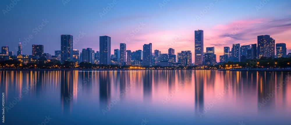 Obraz premium Stunning City Skyline at Twilight with Calm Water Reflections