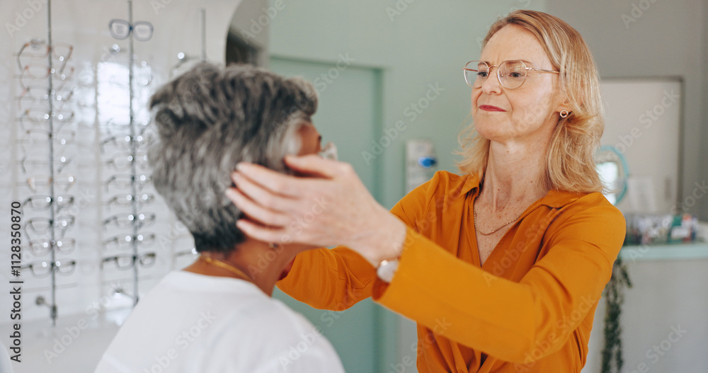 Fototapeta premium Women, optometrist and patient at clinic for glasses, eye care and test lens for healthy vision. Mature doctor, people and assessment with spectacles, exam or wellness for sight with fitting at store