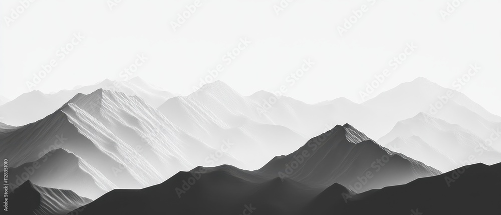 Serene Black and White Mountain Landscape with Soft Light Gradients Serene Black and White Mountain Landscape with Soft Light Gradients