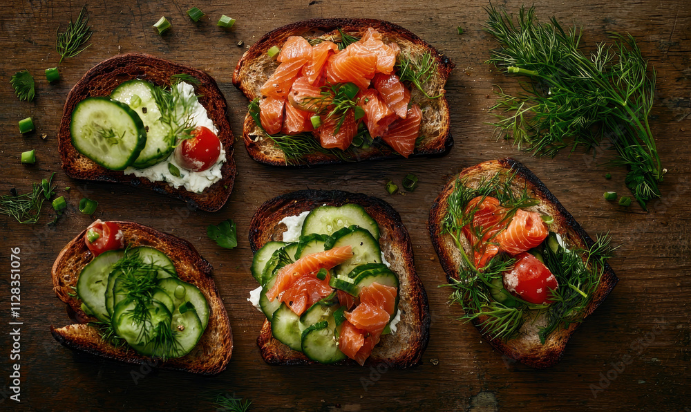 Gourmet Salmon Toast with Fresh Cucumber, Dill, and Cherry Tomato: A Healthy and Delicious Culinary Delight Perfect for Brunch or Snack Gourmet Salmon Toast with Fresh Cucumber, Dill, and Cherry Tomato: A Healthy and Delicious Culinary Delight Perfect for Brunch or Snack