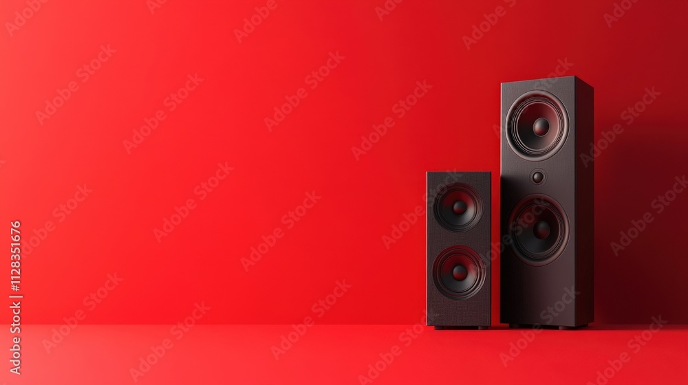 Vibrant Pair of Speakers in Bold Red Background, Showcasing Modern Design and Sound Quality, Perfect for Music Lovers and Audiophiles Alike