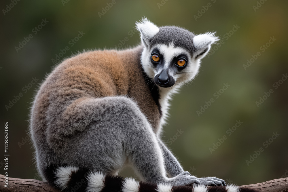 Obraz premium Ring-tailed lemur sitting on a branch with serious expression for wildlife, primate, animal behavior or conservation photography