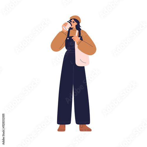 Woman drinking coffee from takeaway cup. Modern urban style girl in casual ou...