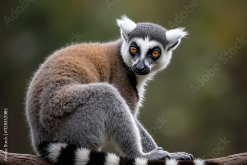 Ring-tailed lemur sitting on a branch with serious expression for wildlife, primate, animal behavior or conservation photography