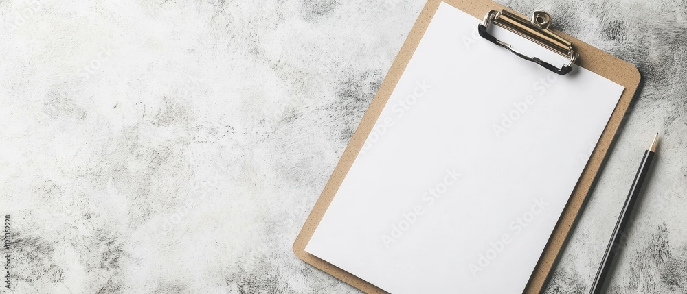 Blank Clipboard with Sheet of Paper and Pencil on Textured Surface Blank Clipboard with Sheet of Paper and Pencil on Textured Surface