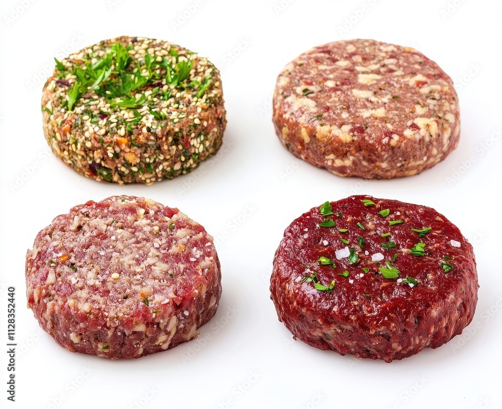 A Variety of Raw Beef Patties with Fresh Herbs and Spices on a Clean White Background Ideal for Culinary or Cooking Concepts and Beef Recipes A Variety of Raw Beef Patties with Fresh Herbs and Spices on a Clean White Background Ideal for Culinary or Cooking Concepts and Beef Recipes