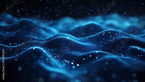 Abstract Blue Waves With Glowing Particles in a Dark Background Created by Light Reflections and Digital Effects to Evoke a Sense of Depth and Movement in Artistic Representation