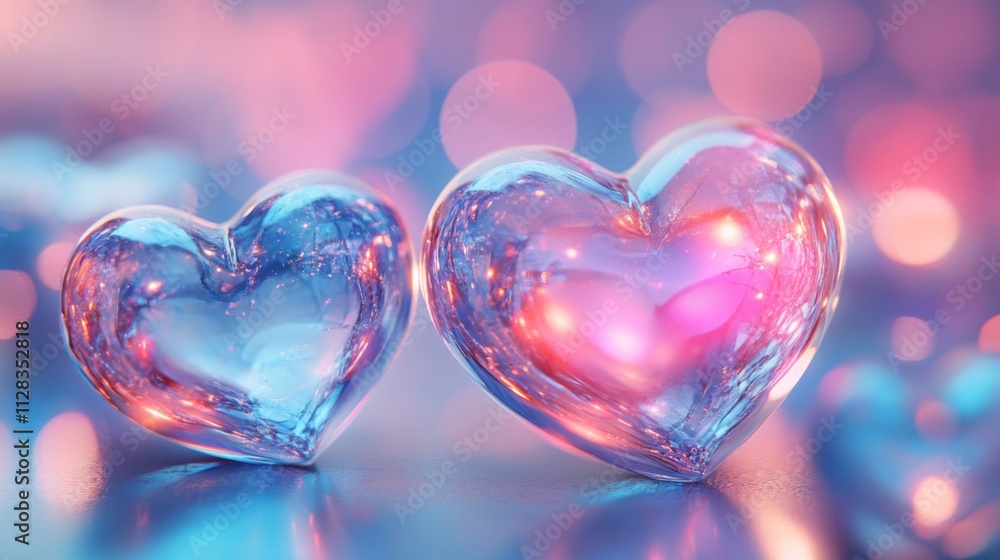 Two Glass Hearts Reflecting Pastel Lights Two Glass Hearts Reflecting Pastel Lights