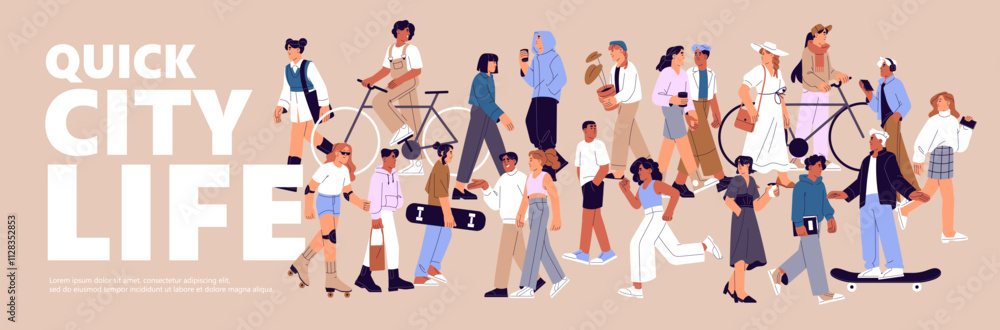 Design of advertising banner with strolling crowd of citizens. Template with city life. Diverse people with bikes, skateboards walk outdoors. Many characters go on street. Flat vector illustration Design of advertising banner with strolling crowd of citizens. Template with city life. Diverse people with bikes, skateboards walk outdoors. Many characters go on street. Flat vector illustration